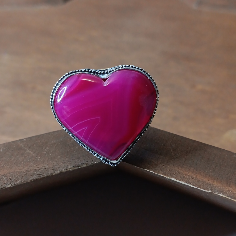 Hand Crafted Botswana Lace Agate Natural Gemstone Hot Pink Heart Ring Size 7.5